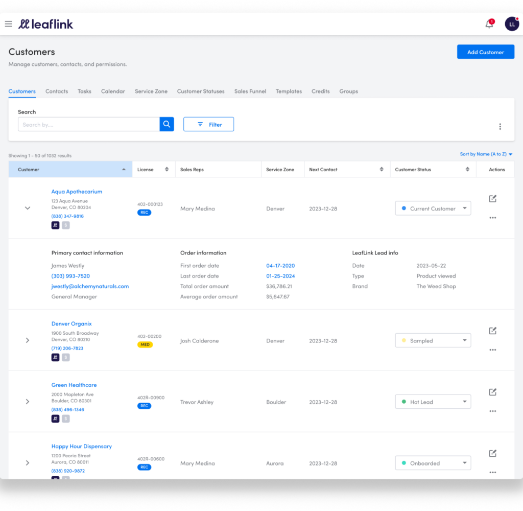 A visual of the LeafLink CRM. Not real customer data.