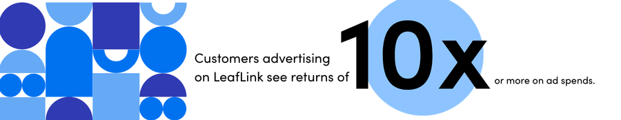Text that reads "Customers advertising on LeafLink see returns of 10x or more on ad spends" with a click through link to a related case study.