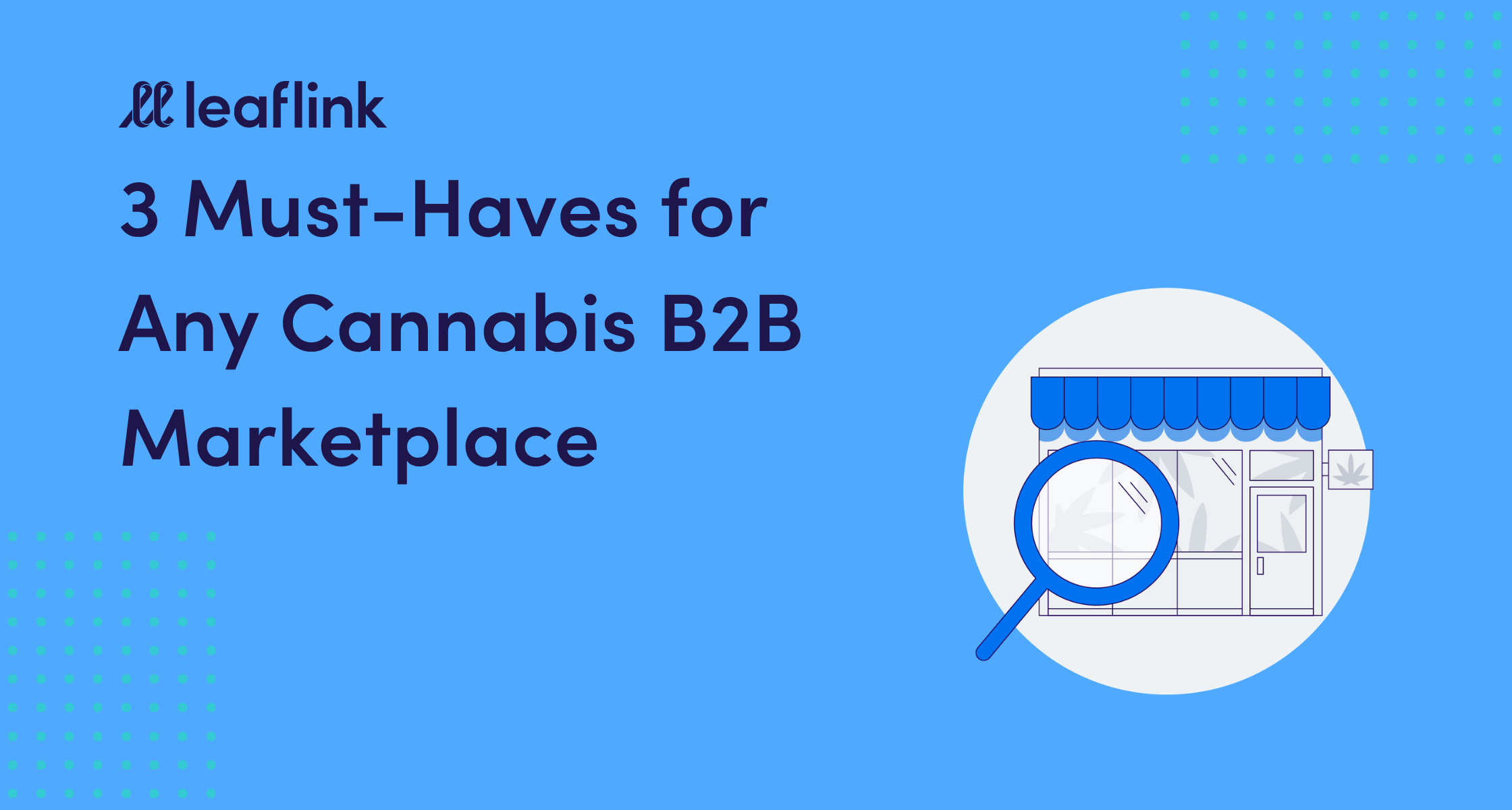 An image displaying the title "3 Must-Haves for Any Cannabis B2B Marketplace" with a magnifying glass and the LeafLink logo.